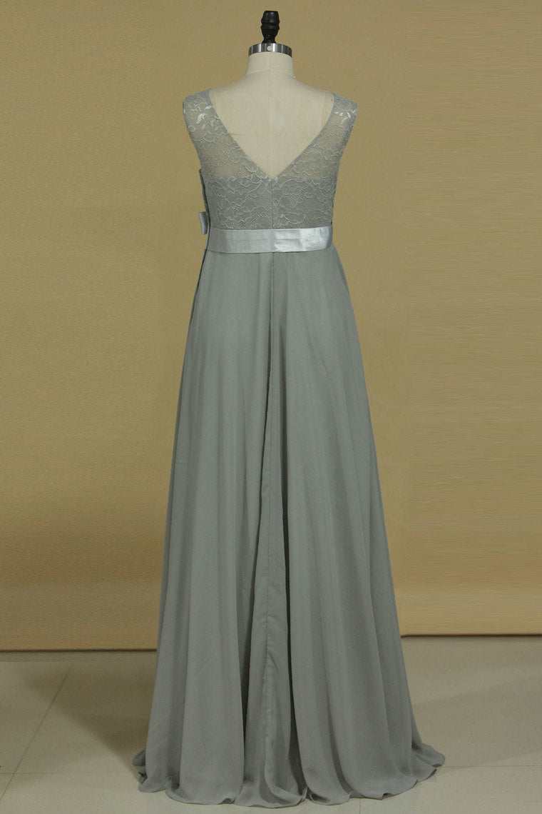 2023 A Line Prom Dresses Scoop Pregant Chiffon & Lace Floor Length