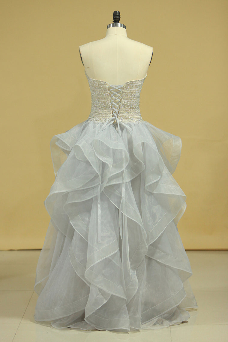 2023 Plus Size Strapless Prom Dresses Organza With Beading Floor Length