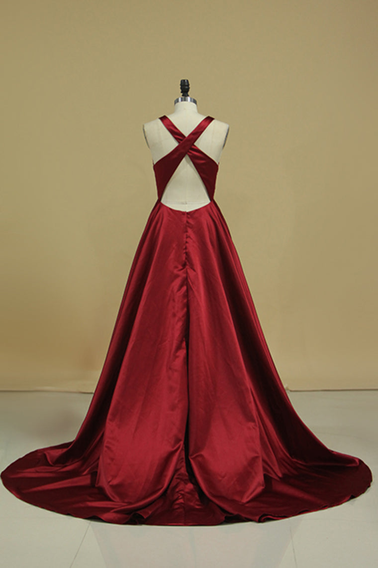2023 Red V Neck Evening Dresses A Line Sweep Train  With Slit And Ruffles