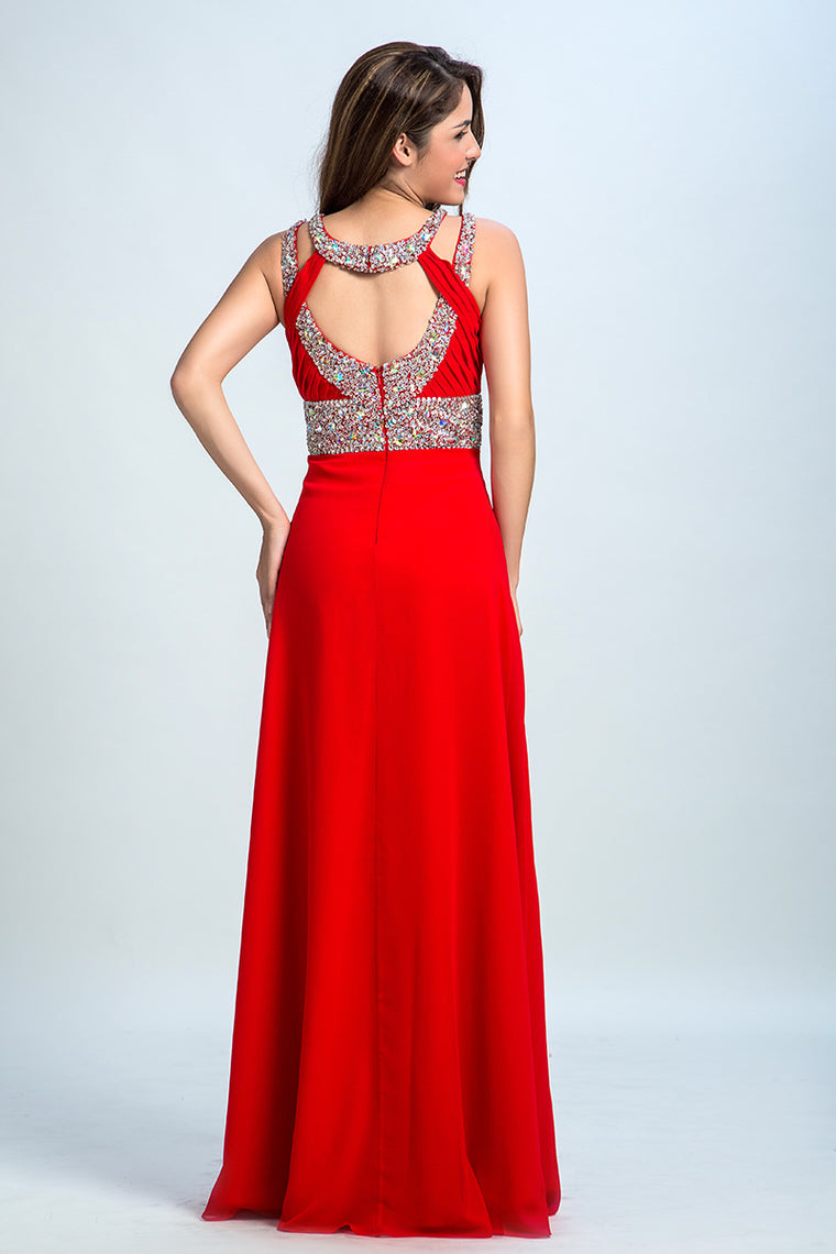 2023 Sexy Prom Dresses A Line Scoop Sweep/Brush Red Open Back