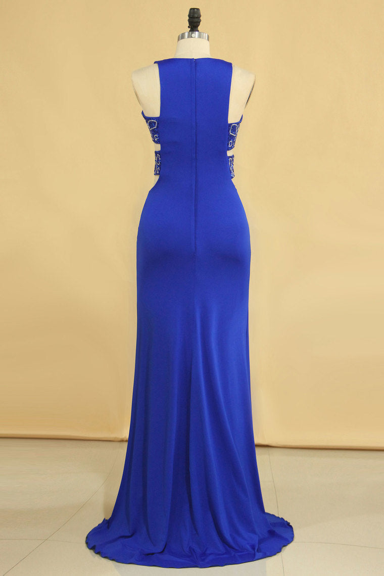 2023 Plus Size New Arrival Scoop Prom Dresses Dark Royal Blue Mermaid Spandex With Beading Sweep Train