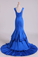 2023 Dark Royal Blue Off-The-Shoulder Mermaid Prom Dresses Sweep Train Satin Zipper Back