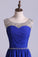 2023 Scoop Prom Dresses A Line Pleated Bodice Chiffon With Beads Dark Royal Blue