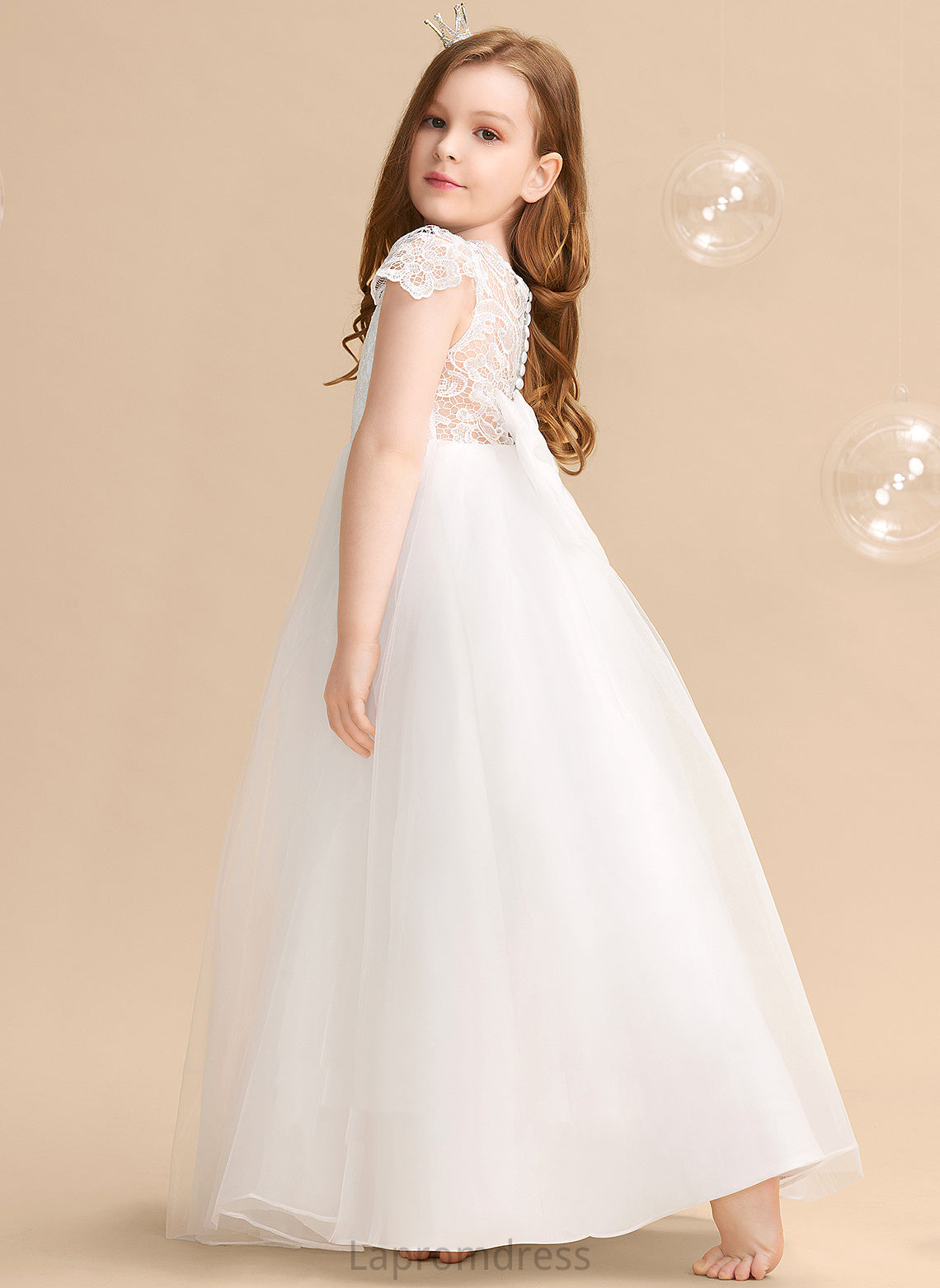 With - Dress Tulle/Lace Floor-length Kimberly Neck Flower Girl Dresses Short Scoop Ball-Gown/Princess Flower Girl Sleeves Bow(s)