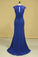 2023 Hot V Neck Mother Of The Bride Dresses Dark Royal Blue Sweep Train With Ruffle Cap Sleeves