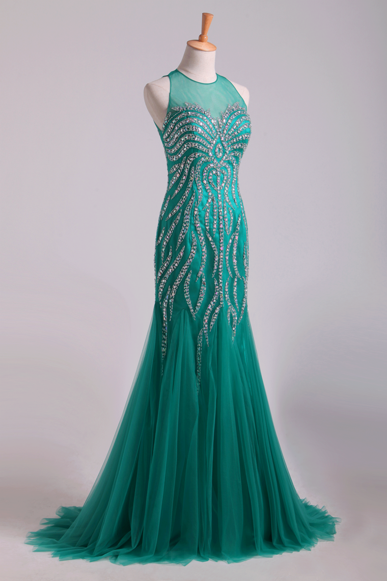 2023 Scoop Mermaid Tulle Prom Dresses Fully Beaded Bodice Sweep Train