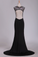 2023 Spandex Scoop With Beads And Slit Open Back Sheath Prom Dresses Sweep Train