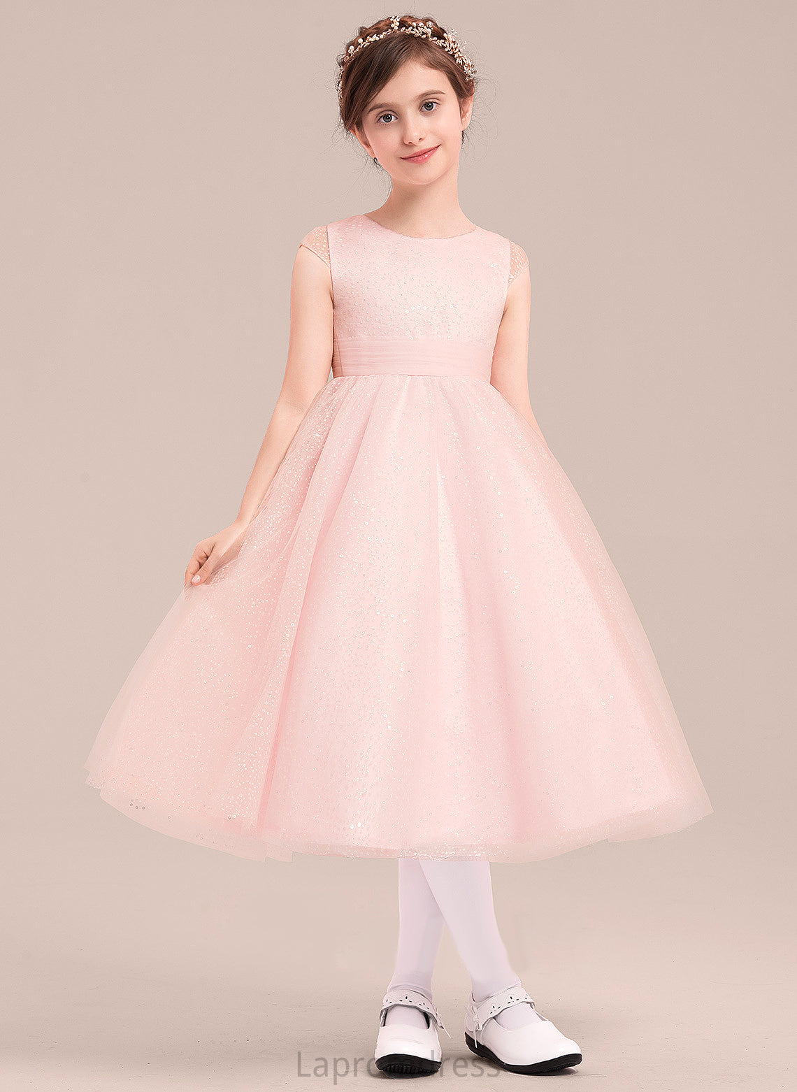 With A-Line/Princess Scoop Tea-length Dress Mila Bow(s) Tulle Sleeveless - Neck Girl Flower Girl Dresses Flower