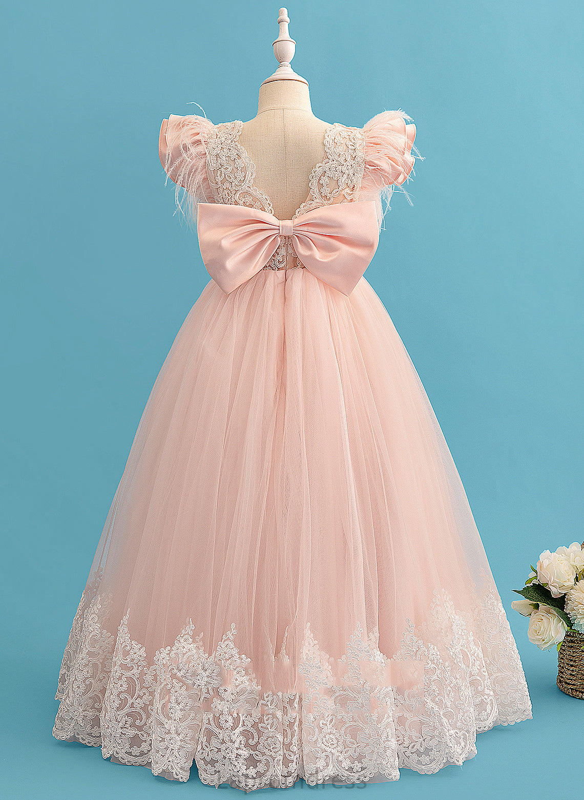 Ruffles/Feather/Bow(s) Dress Neck With Girl - Flower Ball-Gown/Princess Short Scoop Bethany Flower Girl Dresses Lace Sleeves Floor-length