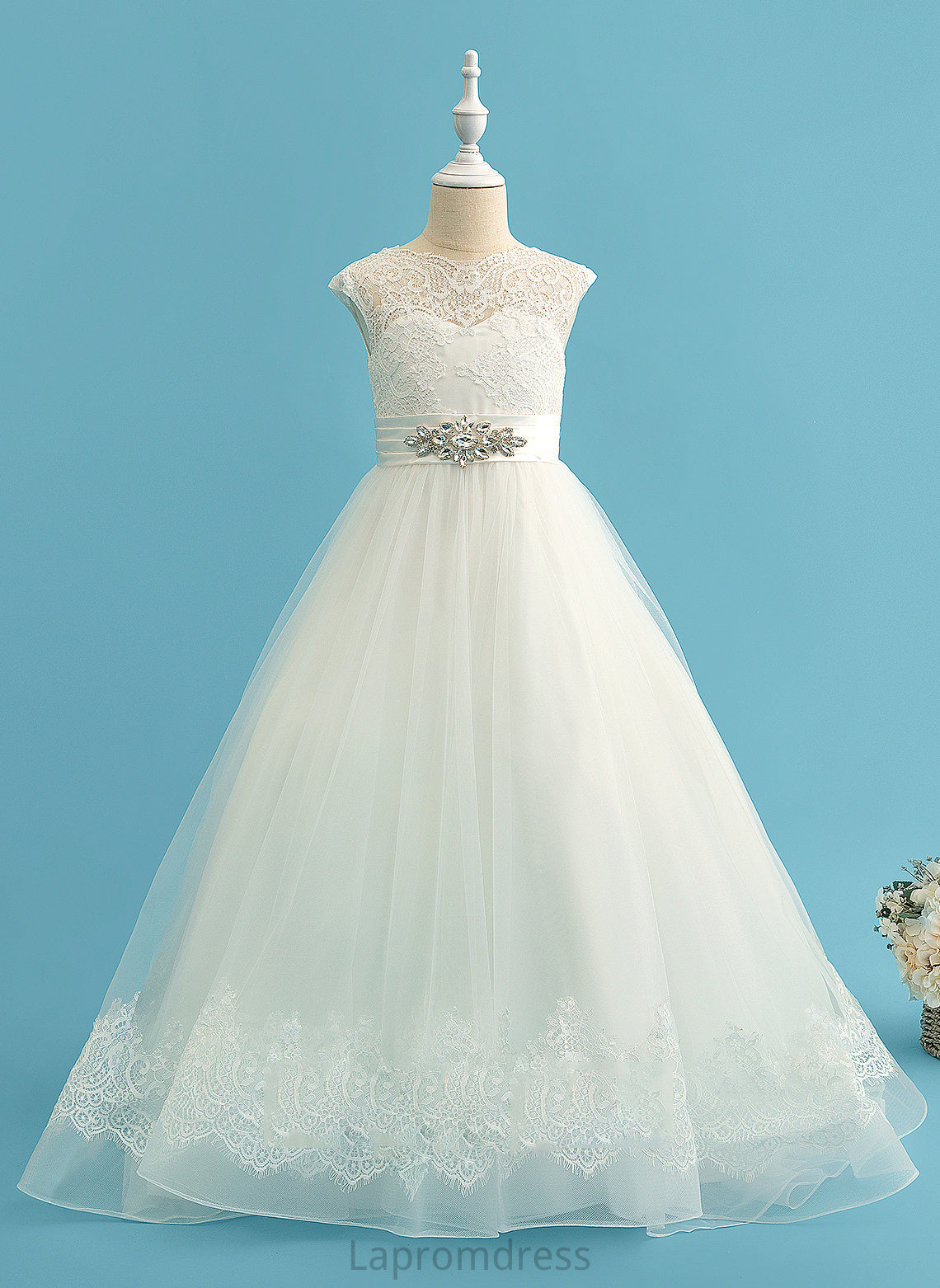 Flower Beading Dress With Train Neck Sweep - Girl Scoop Sleeveless Flower Girl Dresses Louisa Satin/Tulle/Lace Ball-Gown/Princess