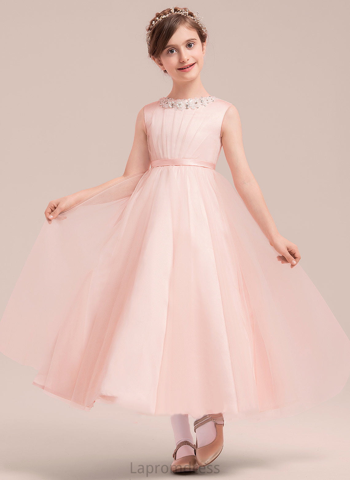 Girl Sleeveless Flower A-Line/Princess Dress Scoop - Flower Girl Dresses Beading/Bow(s) Neck Susie Satin/Tulle With Ankle-length