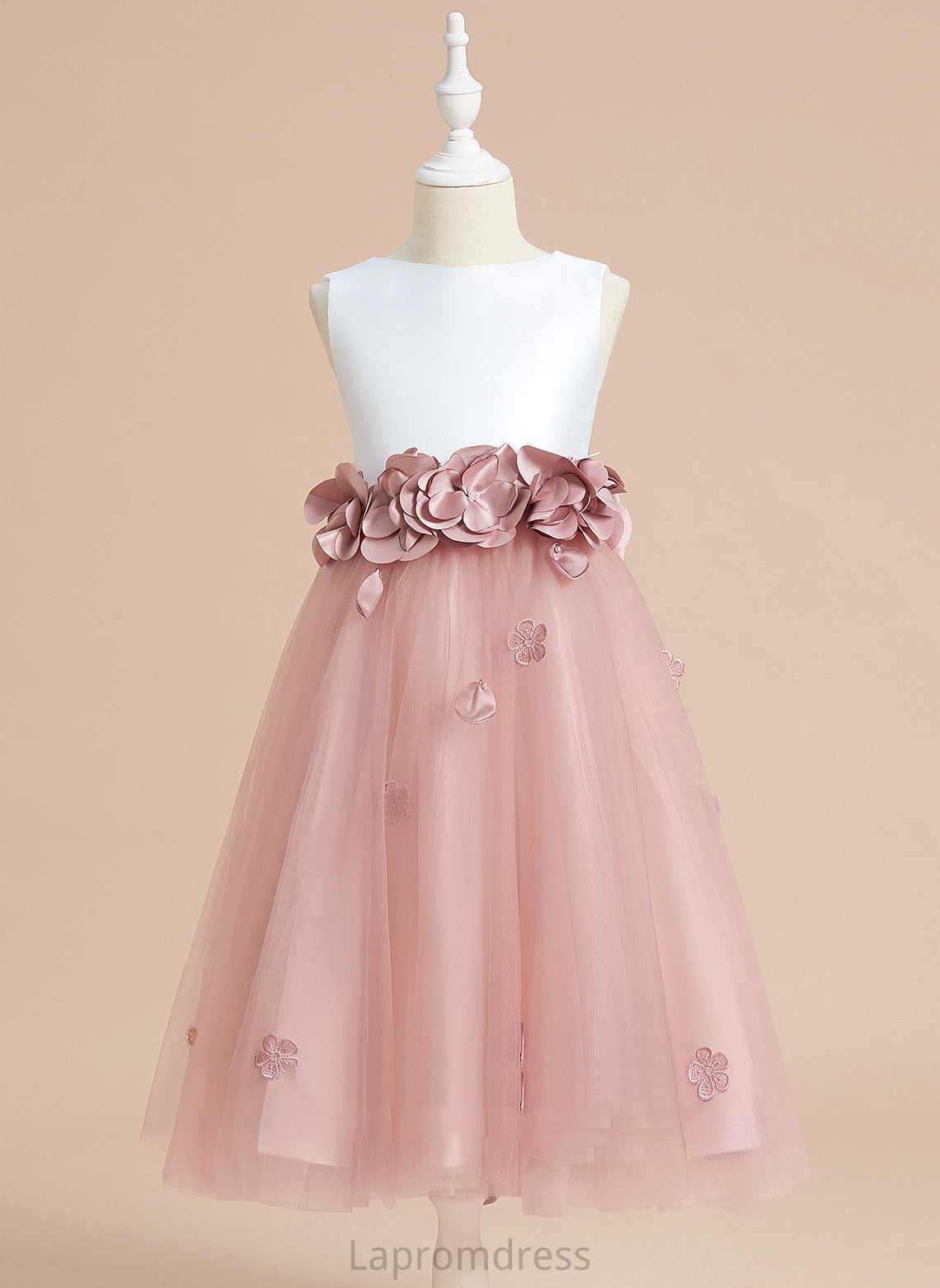 Tea-length A-Line - With Dress Satin/Tulle Flower(s)/Bow(s) Whitney Flower Neck Girl Sleeveless Scoop Flower Girl Dresses