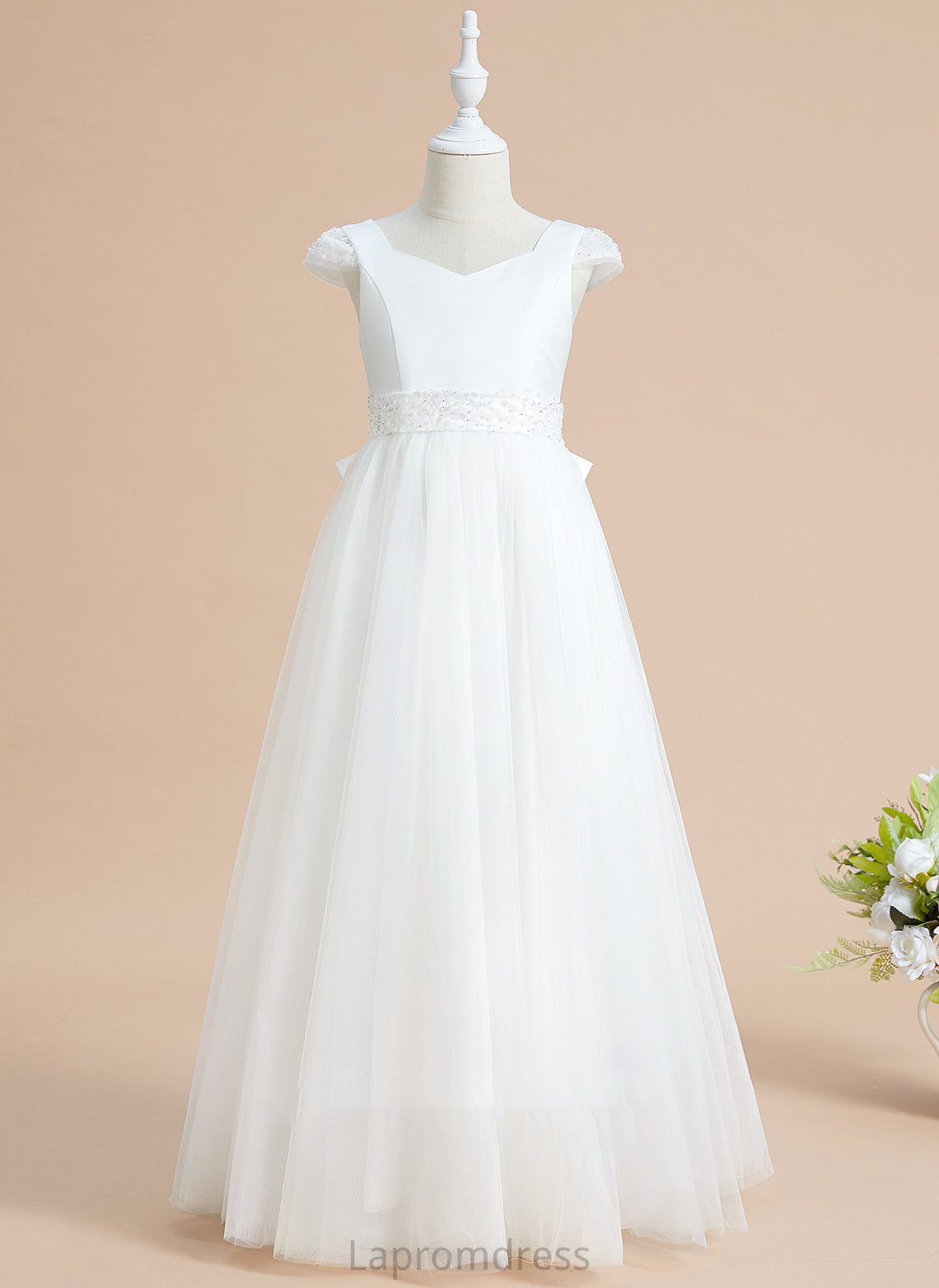 Satin/Tulle Noemi Flower Dress With Floor-length Sleeves Short Beading/Bow(s) V-neck Girl - Ball-Gown/Princess Flower Girl Dresses