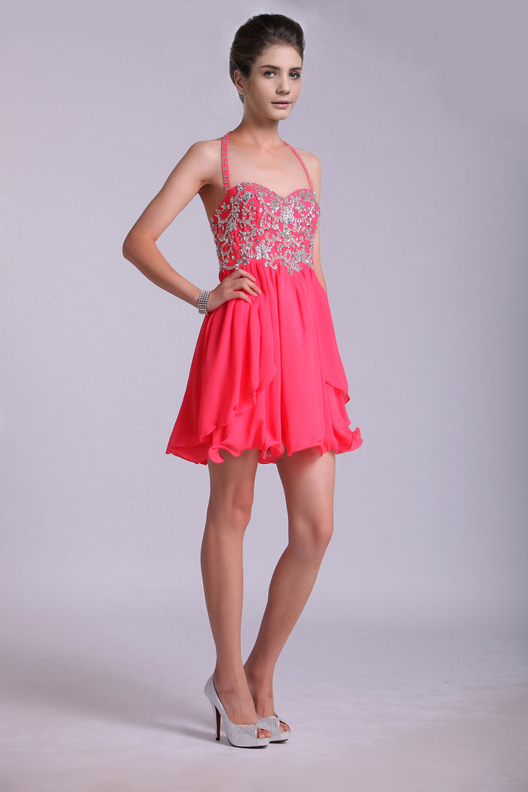 2023 Homecoming Dresses A Line Halter Short/Mini Chiffon With Beading & Sequins