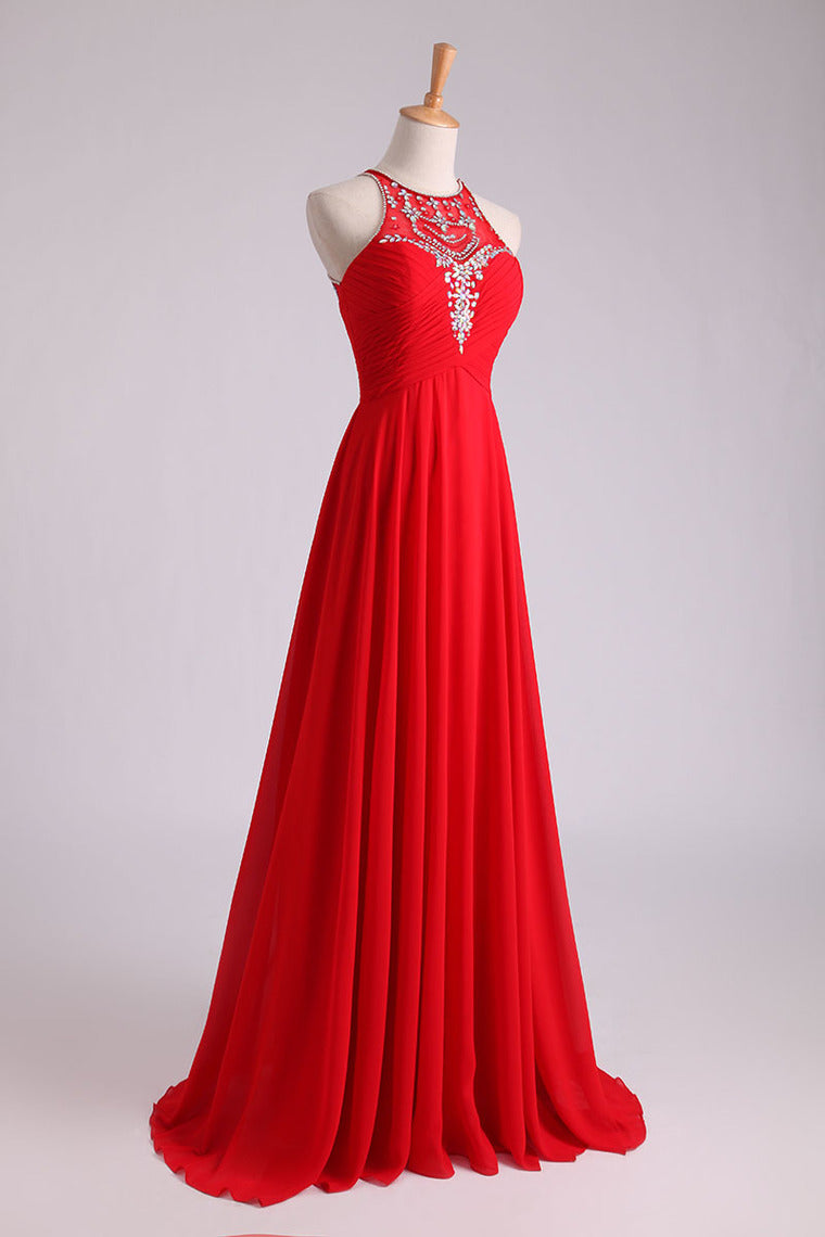 2023 Scoop A-Line/Princess Prom Dresses With Beads And Ruffles Chiffon