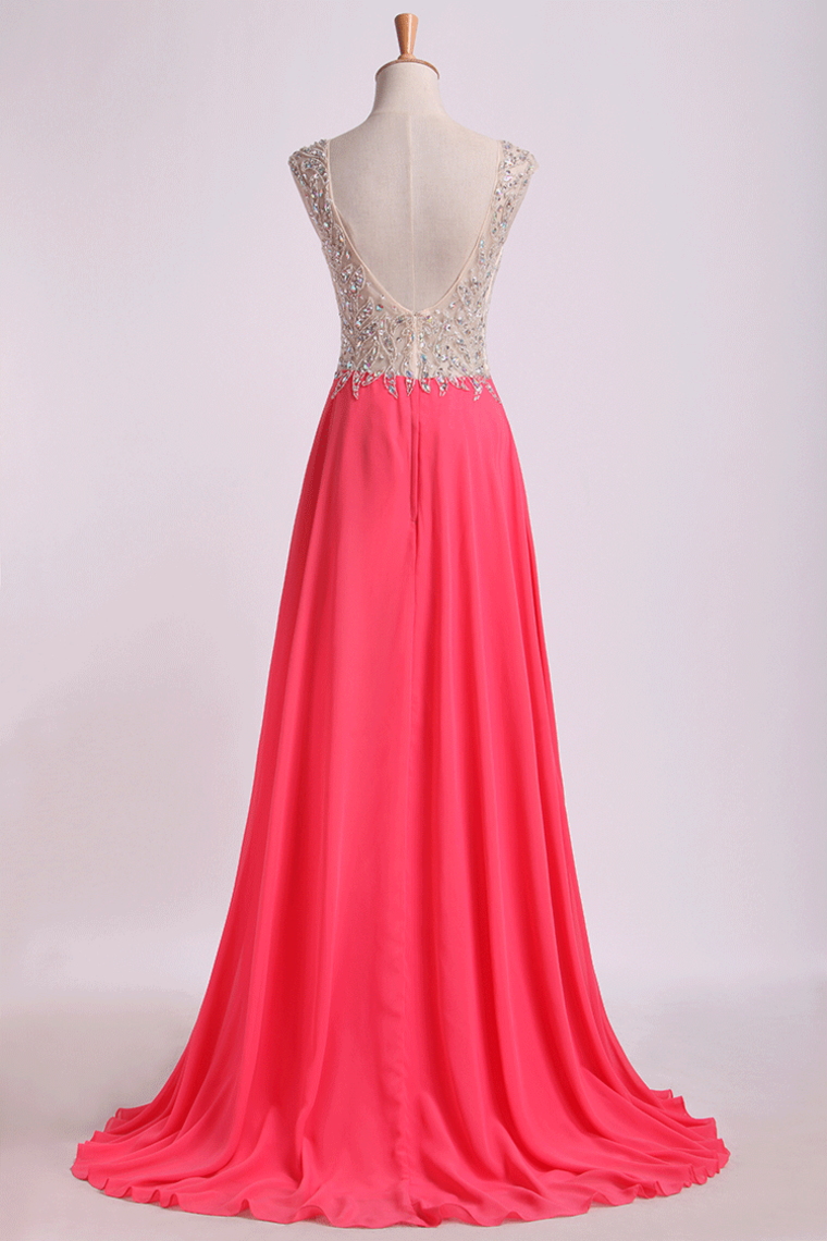 2023 V Neck Beaded Bodice Prom Dresses A Line Sweep Train Chiffon&Tulle