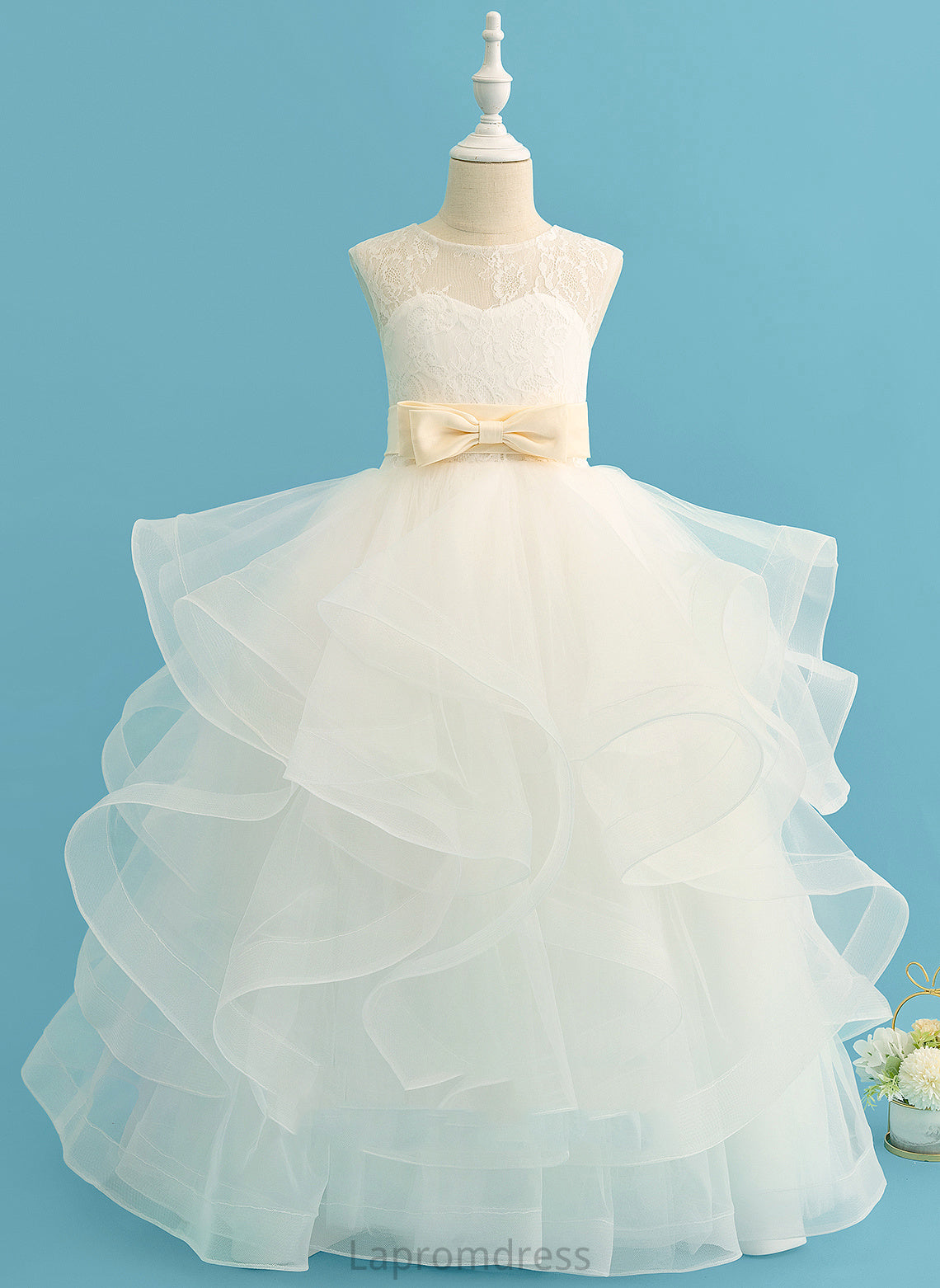 Floor-length Carolyn Girl Dress Satin/Tulle/Lace (Detachable Scoop Flower Girl Dresses With Flower Bow(s) Neck Sleeveless sash) - Ball-Gown/Princess