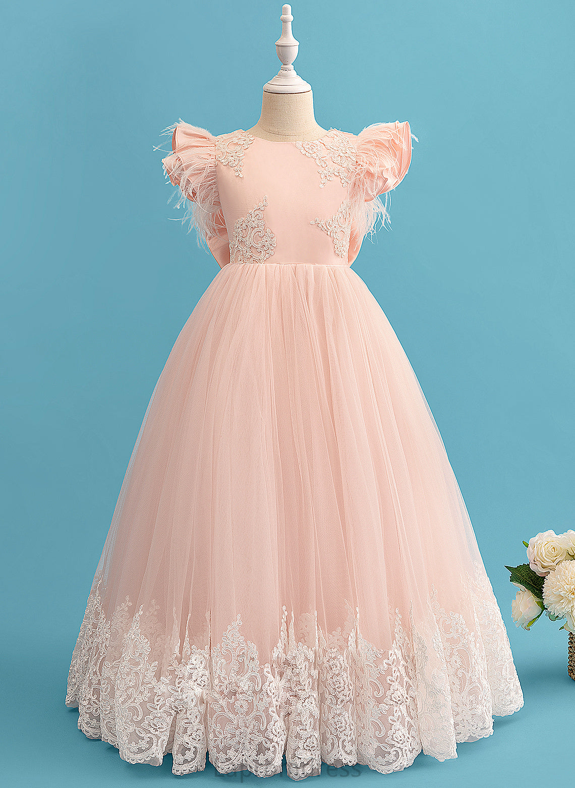 Ruffles/Feather/Bow(s) Dress Neck With Girl - Flower Ball-Gown/Princess Short Scoop Bethany Flower Girl Dresses Lace Sleeves Floor-length