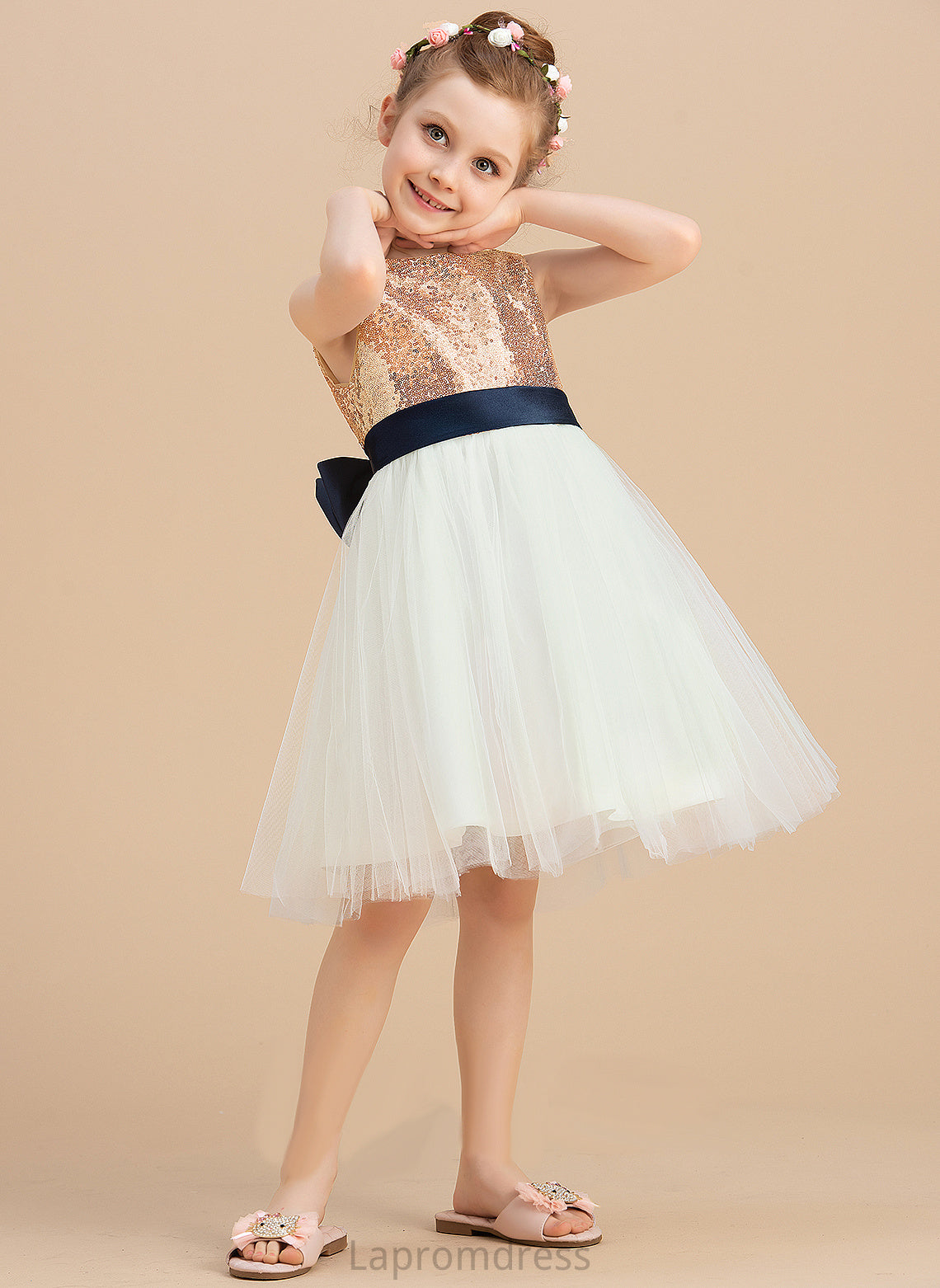 Amina sash) Sequins/Bow(s) Flower Girl Dresses Knee-length (Undetachable Satin/Tulle/Sequined Girl Flower Dress - Neck Sleeveless Scoop With A-Line