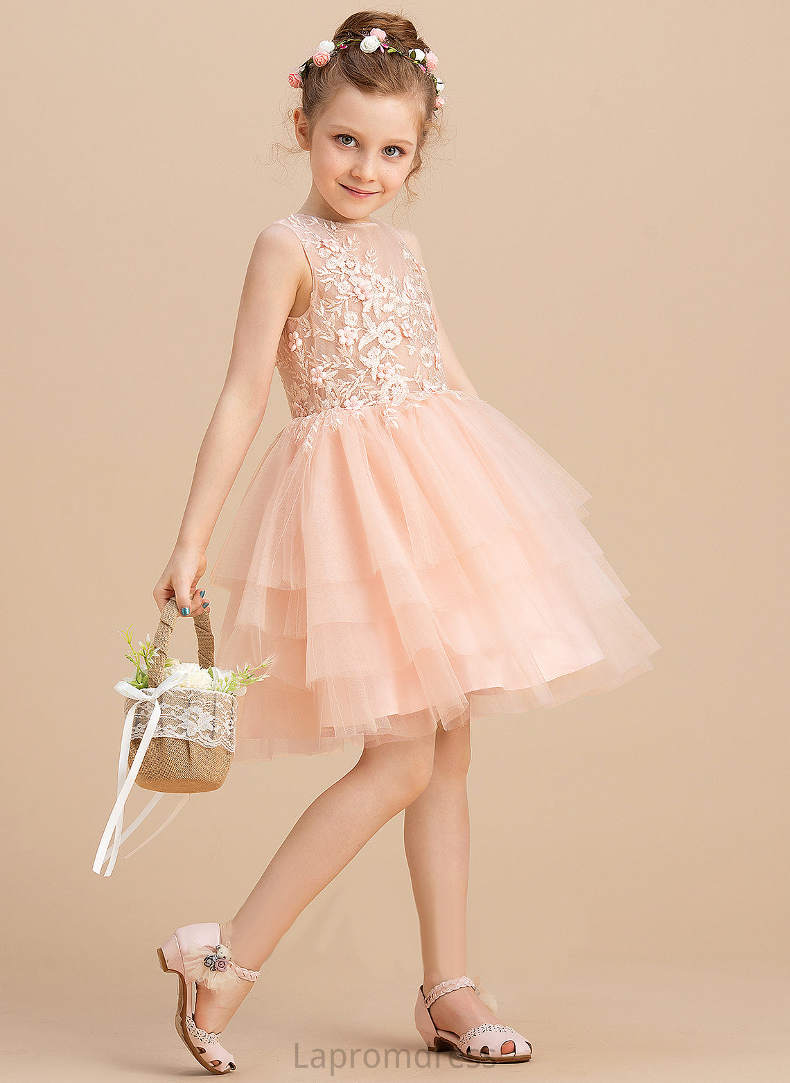 Kendall Ball-Gown/Princess With Neck Tulle/Lace - Knee-length Sleeveless Dress Scoop Girl Lace/Beading Flower Girl Dresses Flower
