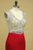 2023 Red V Neck Beaded Bodice Open Back Prom Dresses Column Spandex Sweep Train Plus Size