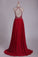 2023 Halter A Line Prom Dresses Beaded Bodice Sweep Train Chiffon & Tulle Open Back