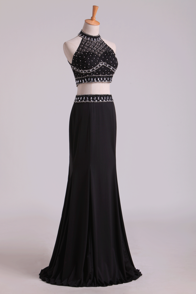 2023 Black Halter Two-Piece Beaded Bodice Mermaid Open Back Prom Dresses Spandex & Tulle Floor Length