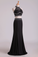 2023 Black Halter Two-Piece Beaded Bodice Mermaid Open Back Prom Dresses Spandex & Tulle Floor Length