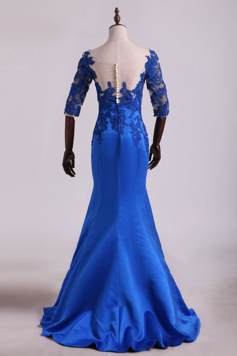 2023 Hot Bateau Dark Royal Blue Mother Of The Bride Dresses 3/4 Length Sleeve With Applique Satin