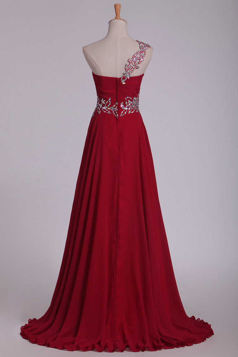 2023 Chiffon One Shoulder With Beads And Ruffles A Line Prom Dress