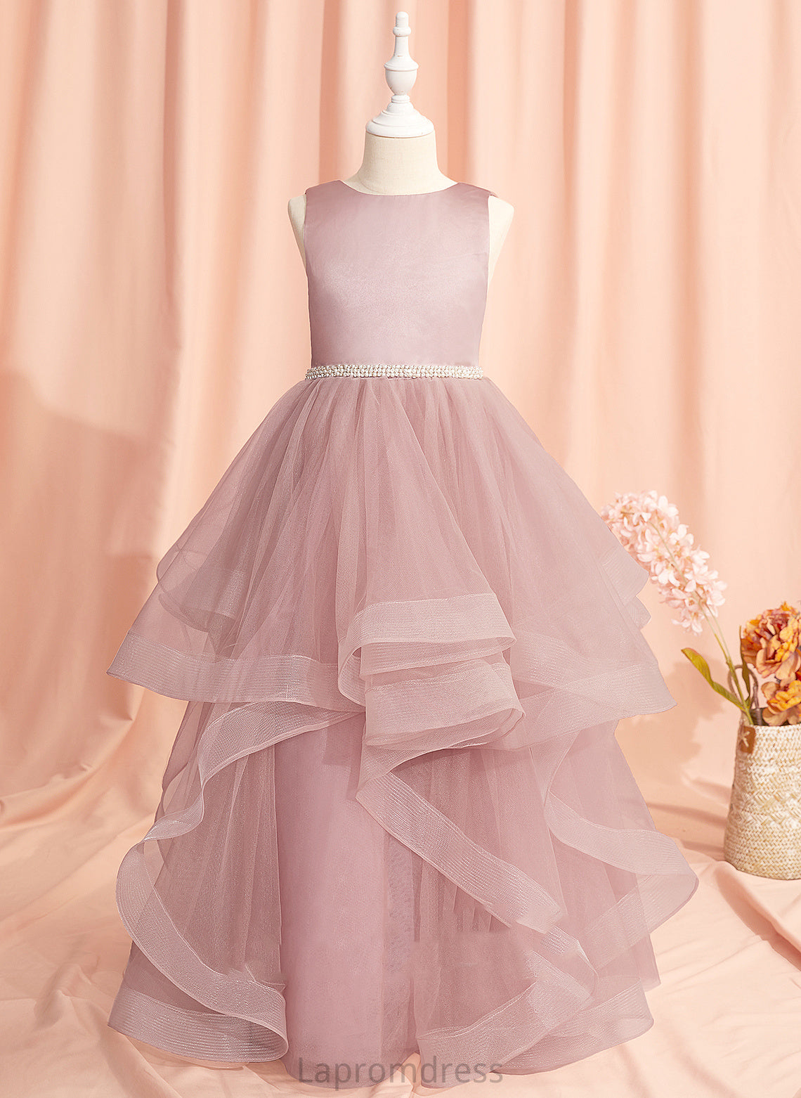 Dress Floor-length Back Scoop Sleeveless With Beading/Bow(s)/V Neck Tulle Flower Girl Dresses Tori Ball-Gown/Princess Girl Flower -