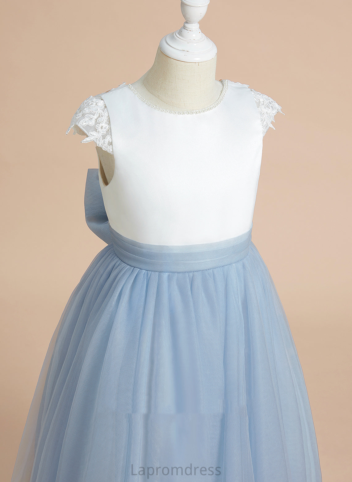 Lace/Bow(s) Girl Tea-length Dress A-Line Flower Girl Dresses - Sleeveless With Adriana Flower Neck Scoop Satin/Tulle