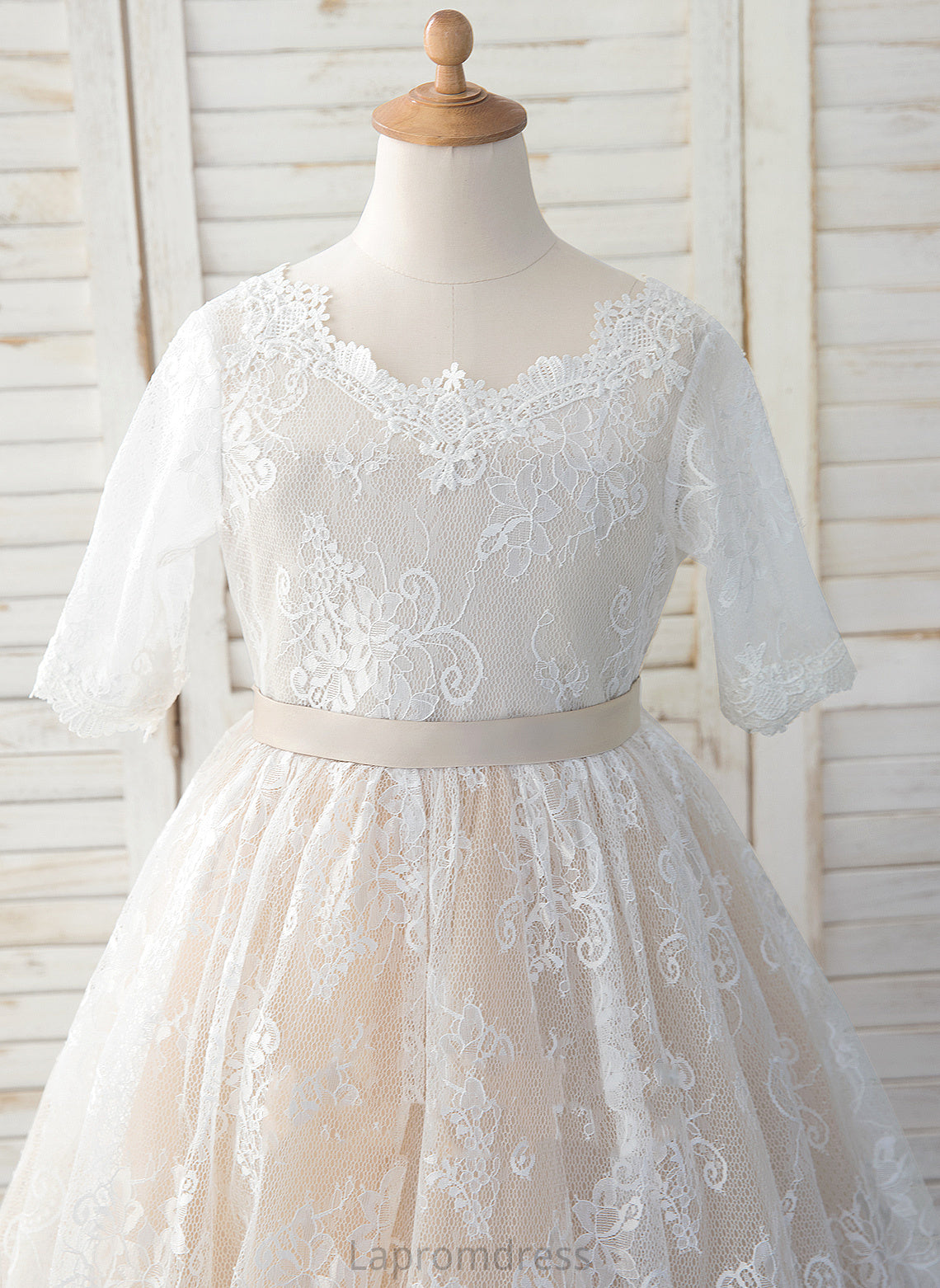 Scoop Flower Neck Bow(s) Sleeves Tea-length Girl Tulle/Lace A-Line - Dress Joselyn 3/4 Flower Girl Dresses With