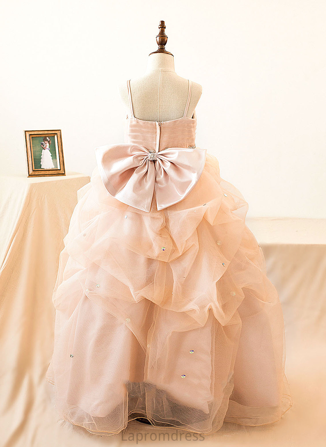 Ruffles/Bow(s)/Rhinestone Dress Floor-length Sleeveless With Tulle Flower Girl Flower Girl Dresses - Straps Ball-Gown/Princess Mia