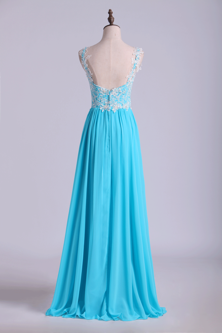 2023 Low Back Straps A Line Chiffon Prom Dress With Lace Bodice