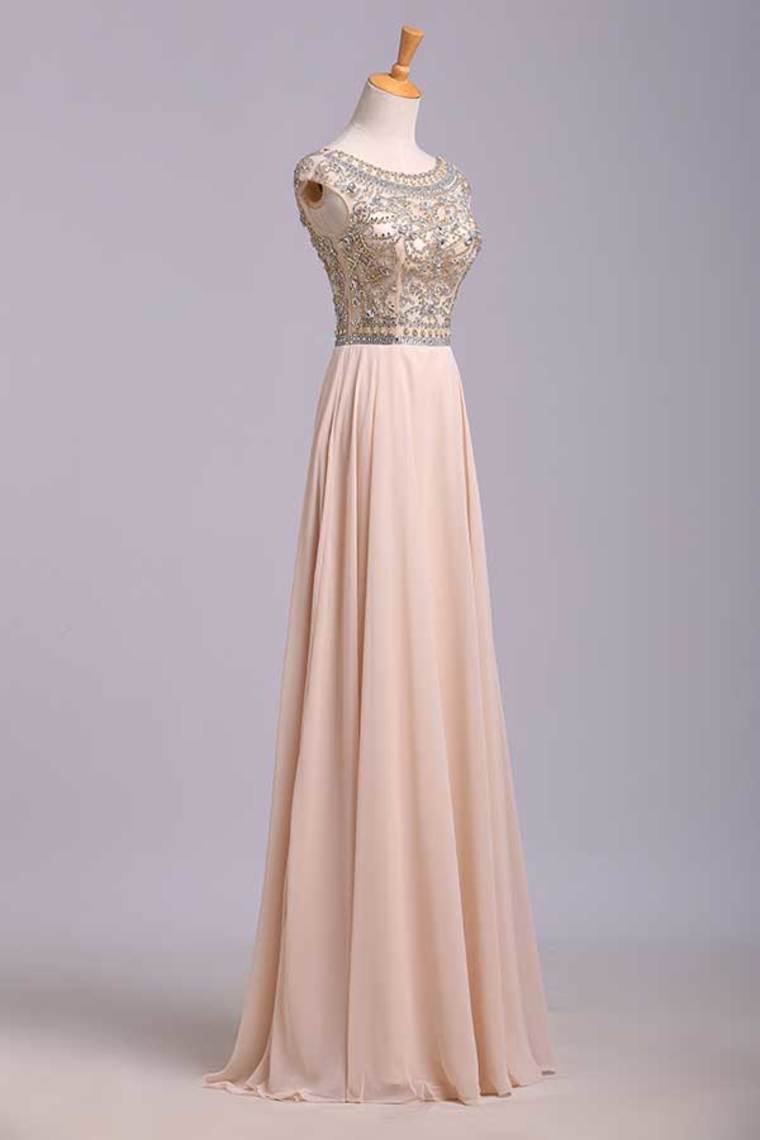 2023 Prom Dress Scoop A Line Floor Length Beaded Tulle Bodice With Chiffon Skirt