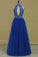 2023 High Neck Open Back A Line With Beads Prom Dresses Tulle & Lace Floor Length