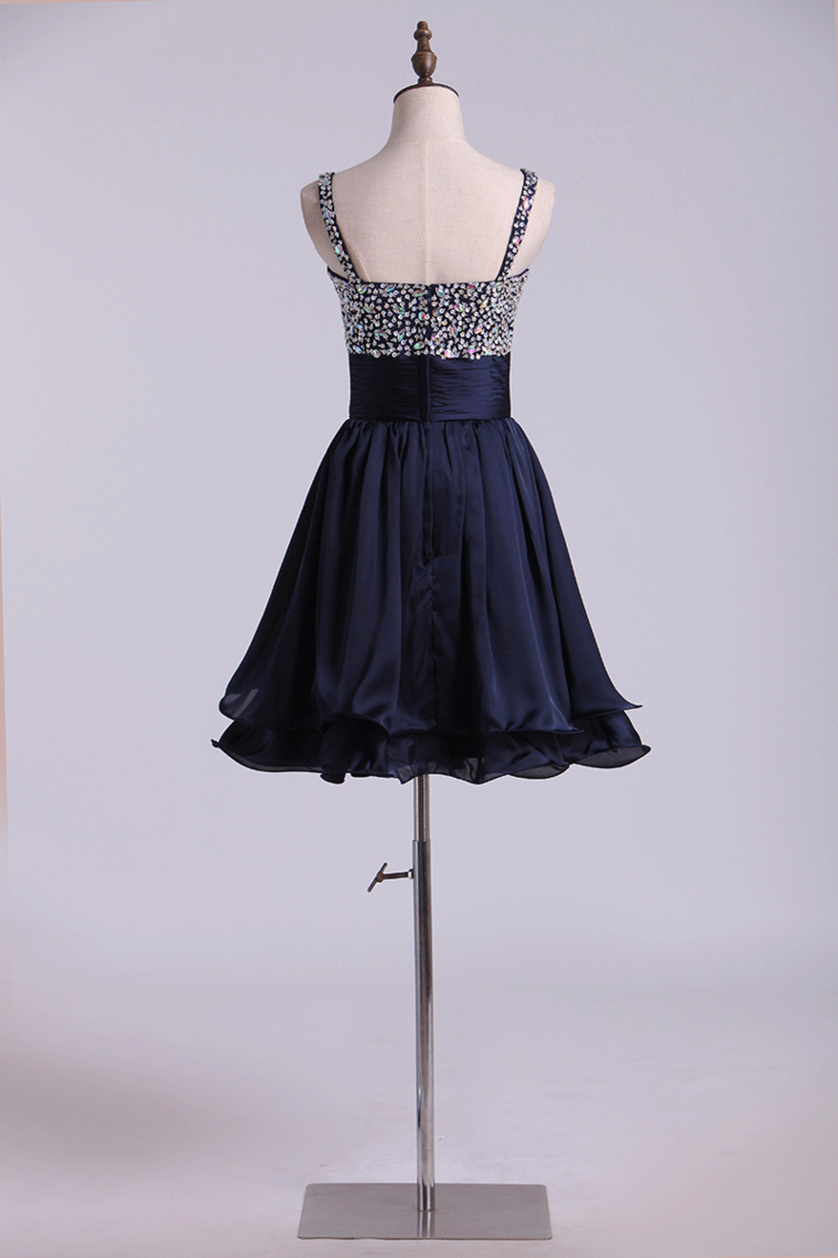 2023 Straps A Line Mini Prom Dress Beaded Bodice With Pleated Waistband Chiffon