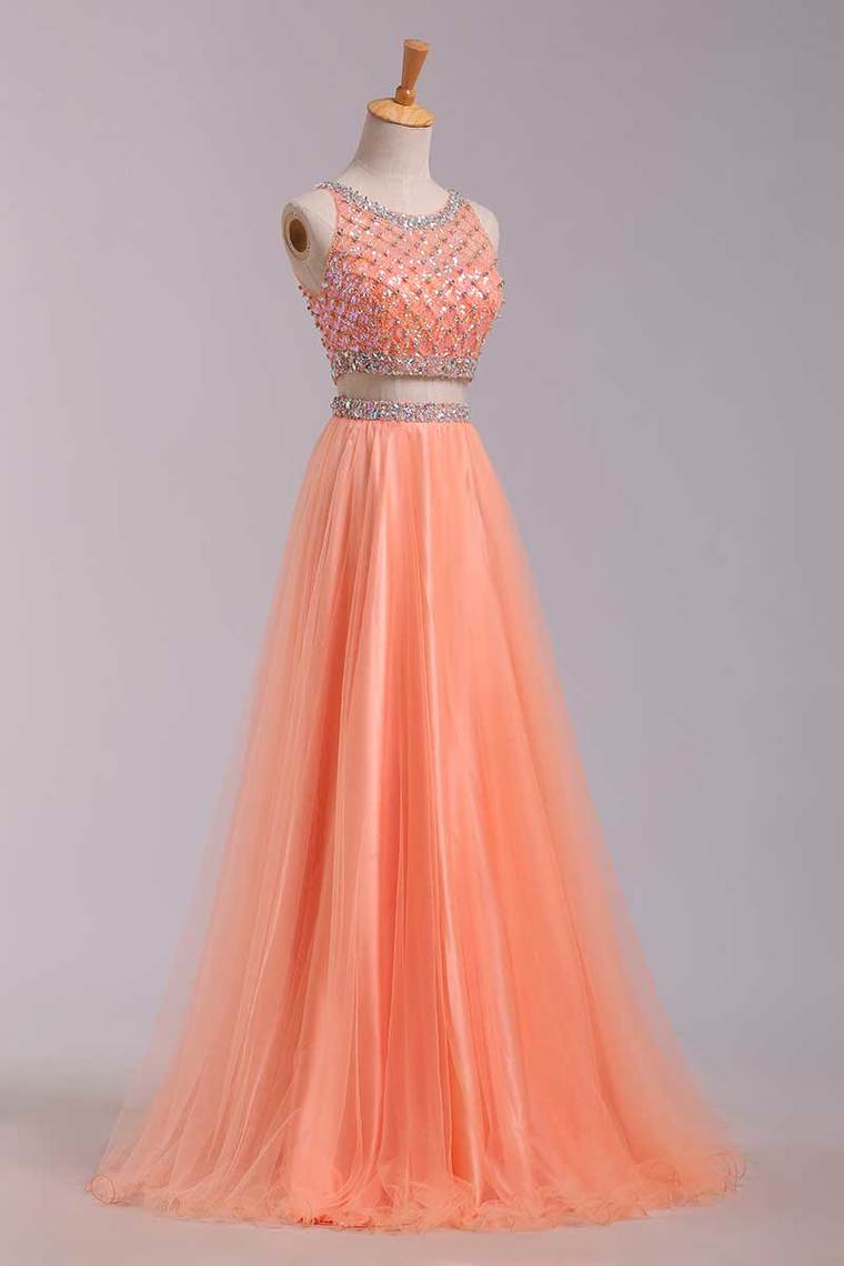 2023 Two Pieces Bateau Beaded Bodice A Line/Princess Prom Dress Pick Up Tulle Skirt Floor Length