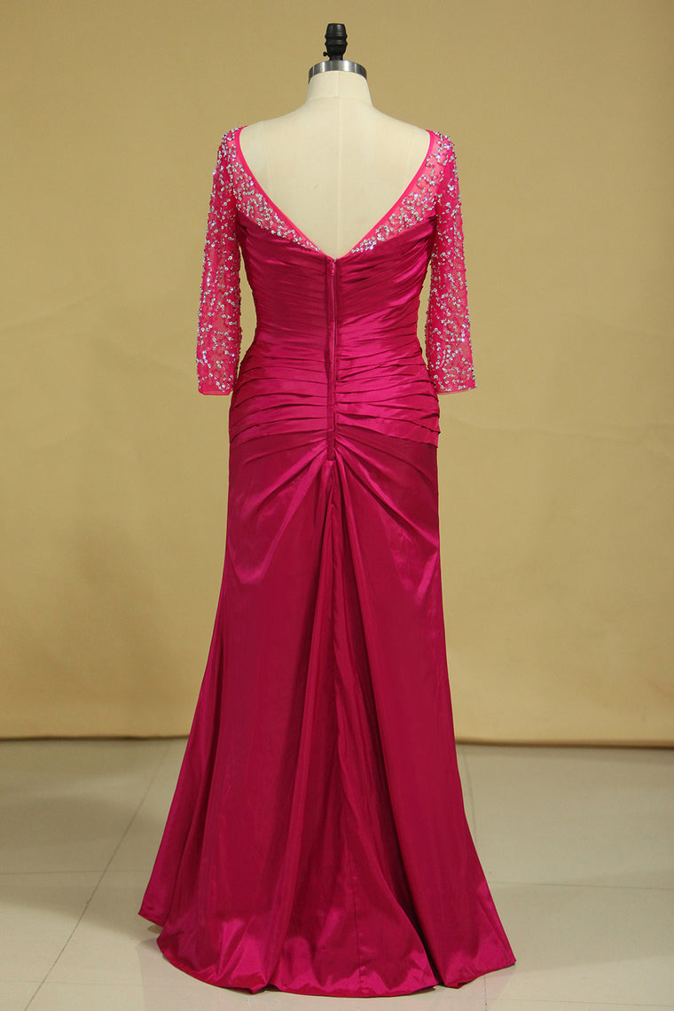 2023 Plus Size Scoop Mother Of The Bride Dresses Long Sleeves Taffeta With Beads And Ruffles Fuchsia