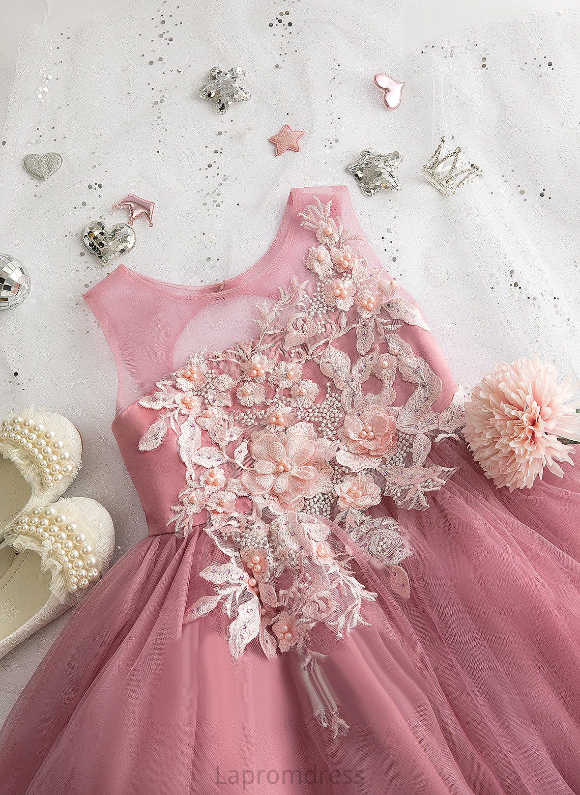 Girl Sleeveless Flower Girl Dresses Isla Scoop Flower Dress Tea-length Lace/Beading With Tulle Ball-Gown/Princess Neck -