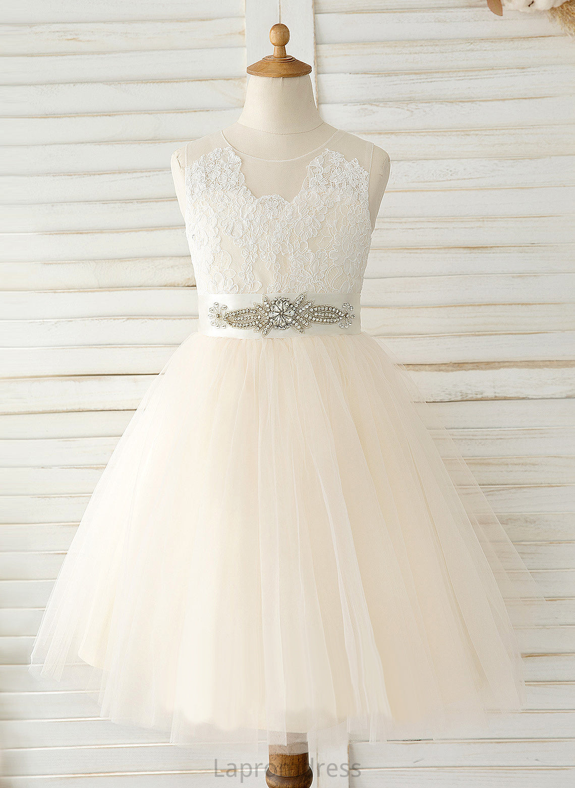 Tulle/Lace Neck A-Line Ariana With Knee-length - Bow(s) Flower Sleeveless Dress Flower Girl Dresses Scoop Girl