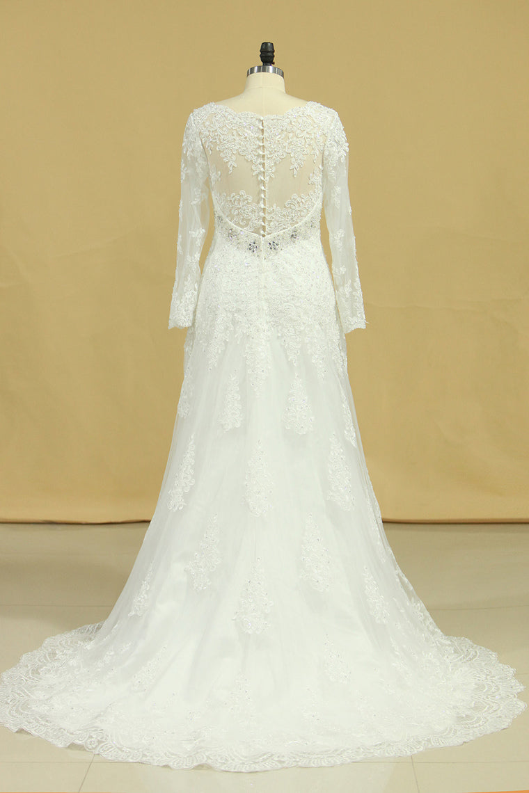 2023 Plus Size V-Neck Long Sleeves Wedding Dresses With Applique Tulle