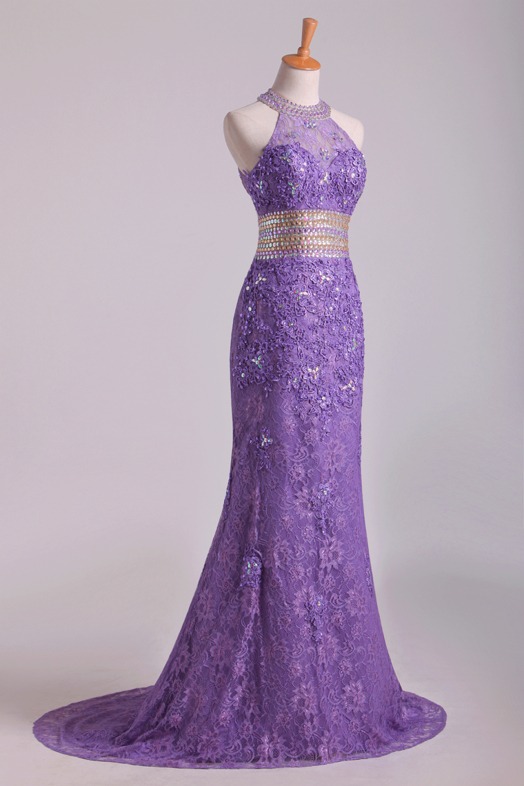 2023 Popular Mermaid High Neck Prom Dresses Lace With Beads Sweep Train Purple