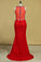 2023 Red Plus Size Prom Dresses Scoop Beaded Bodice Sweep Train Lace Mermaid