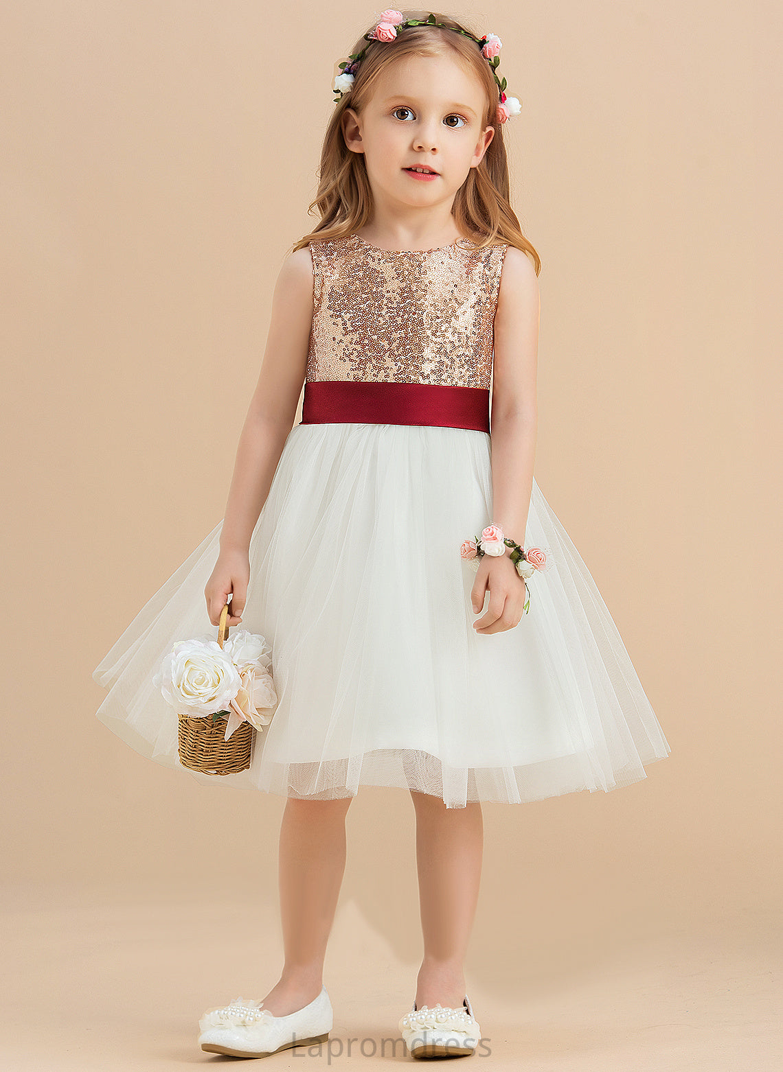 Amina sash) Sequins/Bow(s) Flower Girl Dresses Knee-length (Undetachable Satin/Tulle/Sequined Girl Flower Dress - Neck Sleeveless Scoop With A-Line