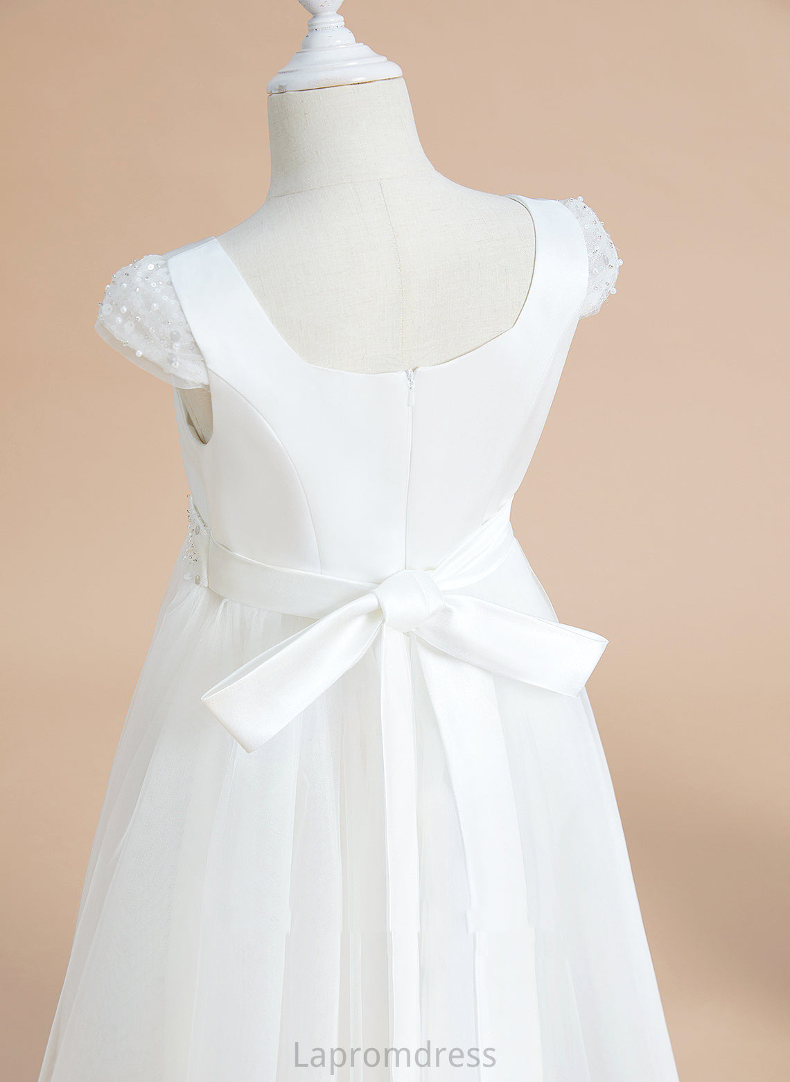 Satin/Tulle Noemi Flower Dress With Floor-length Sleeves Short Beading/Bow(s) V-neck Girl - Ball-Gown/Princess Flower Girl Dresses