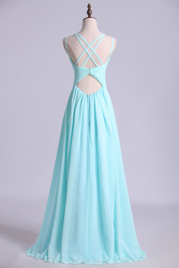 2023 Prom Dress Spaghetti Straps Chiffon A Line Ruffled Bodice With Criss Crossed Back