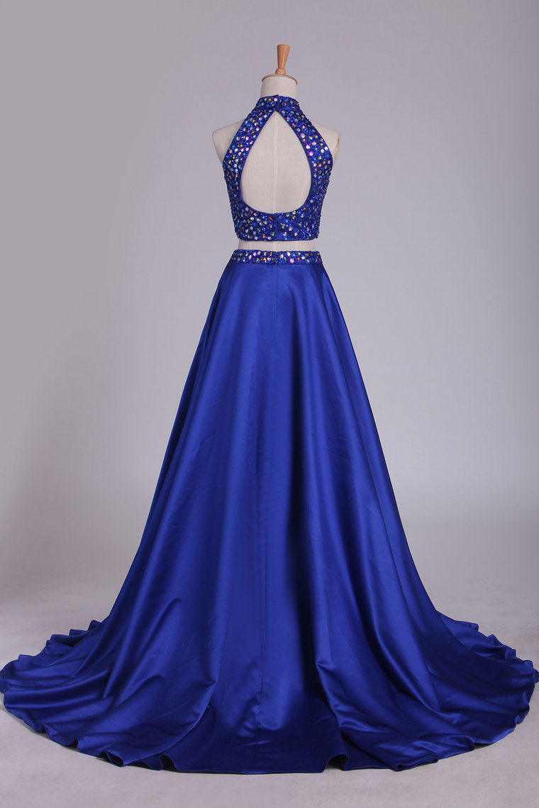 2023 Two Pieces High Neck Prom Dresses A Line Beaded Bodice Satin Dark Royal Blue