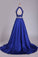 2023 Two Pieces High Neck Prom Dresses A Line Beaded Bodice Satin Dark Royal Blue